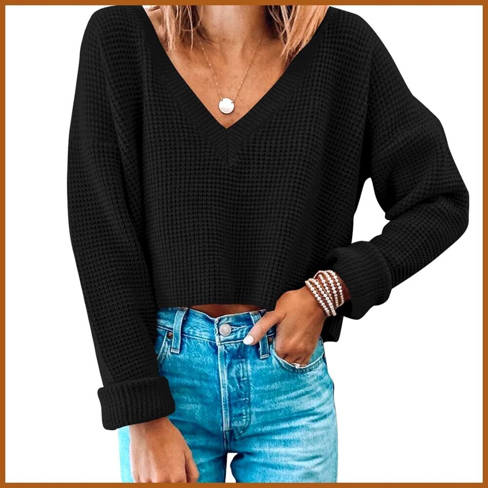 V-Neck Waffle Knit Cropped Pullover Sweater Long Sleeve
